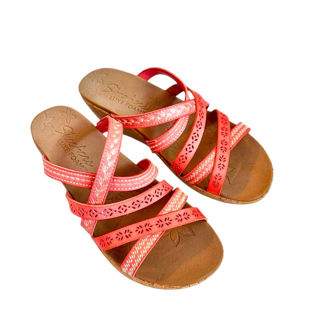 Skechers Luxe Foam Strappy Leather Wedge Sandals Tangerine Like New Sz 7.5